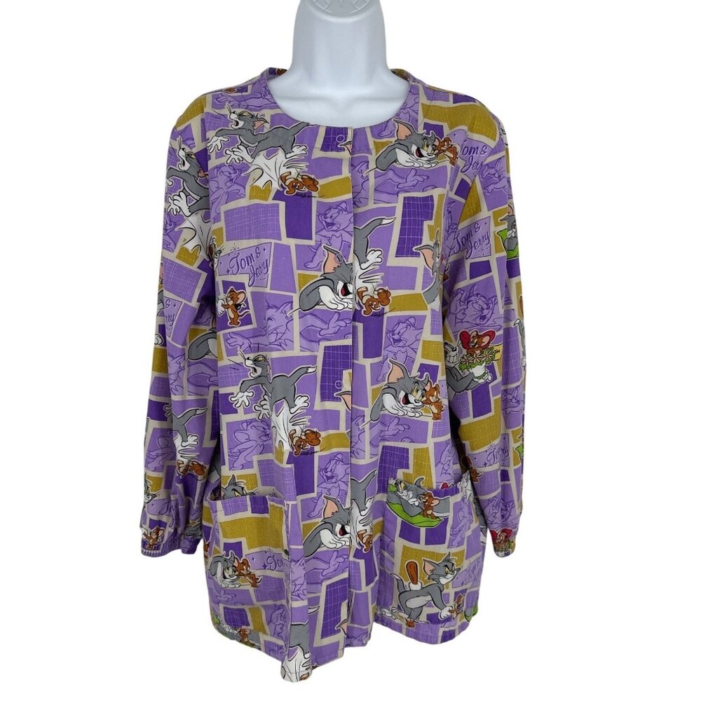 Tom & Jerry Hanna-Barbera Cartoon Print Long Sleeve Snap Front Scrub Top Sz S